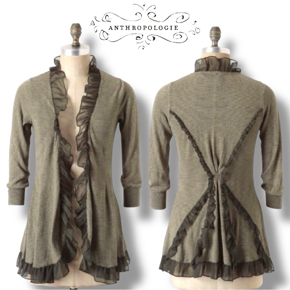 Anthropologie Olive Green Ruffle-Trim Cardigan